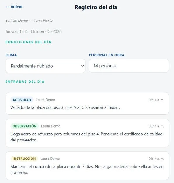 Seshat Field: registro del día de la obra demo Torre Norte con clima, personal y anotaciones